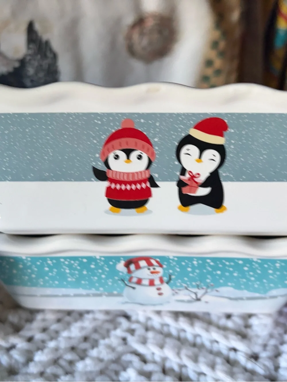 Festive Snowman & Penguin Ceramic Baking Dishes - Blue